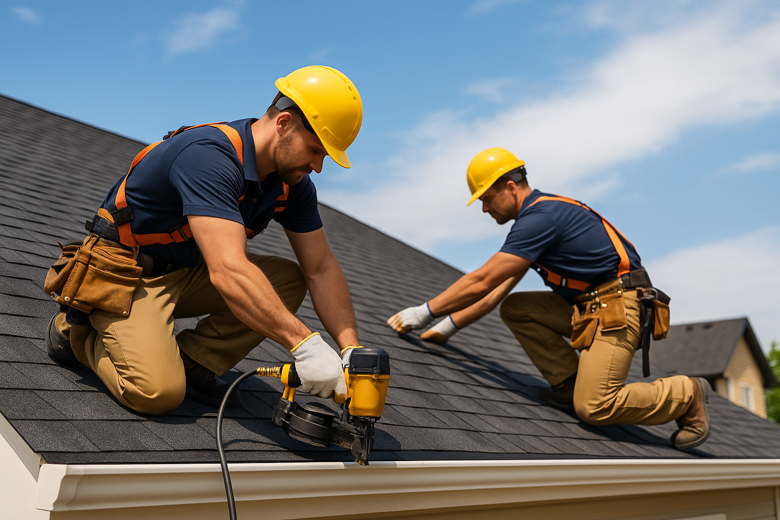 Professional roofers installing shingles